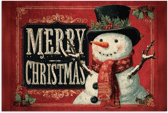Poster 120x80 cm - Klassiek - Kerstgroet - Sneeuwpop - Rood - Posters - Kamer decoratie - Wanddecoratie woonkamer - Muurdecoratie slaapkamer - Kerstversiering - Kerstdecoratie voor binnen - Kerstmis