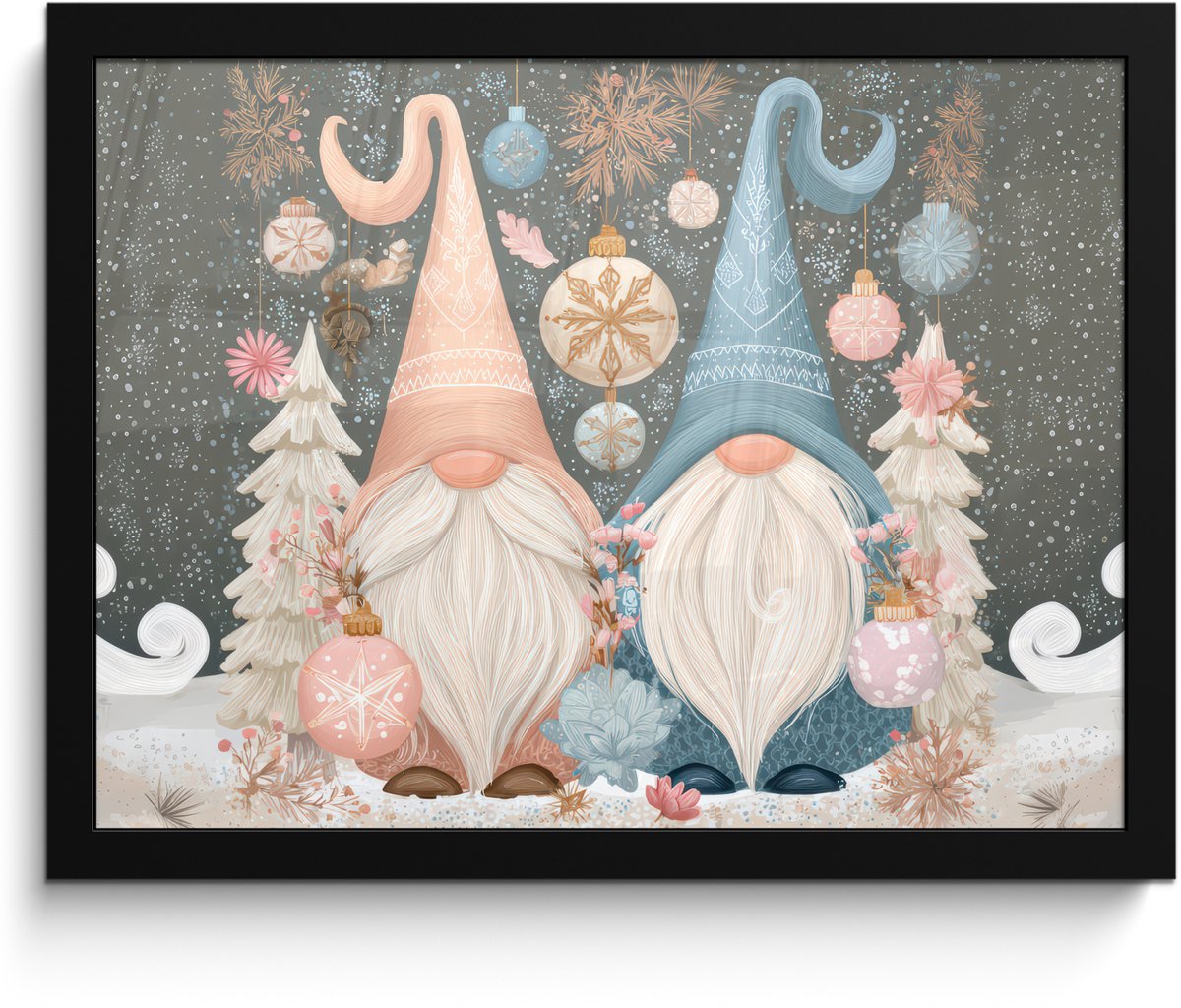 FrameYourWall Poster in lijst - Fotolijst 40x30 cm - Posters - Kerst - Gnomen - Pastel - Posterlijst zwart - Decoratie - Wanddecoratie woonkamer - Muurdecoratie slaapkamer - Kerstversiering - Kerstdecoratie voor binnen - Kerstmis