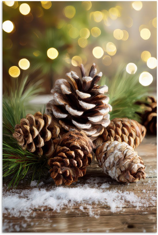 Poster 80x120 cm - Dennenappels - Kerstsfeer - Bruin - Groen - Posters - Kamer decoratie - Wanddecoratie woonkamer - Muurdecoratie slaapkamer - Kerstversiering - Kerstdecoratie voor binnen - Kerstmis