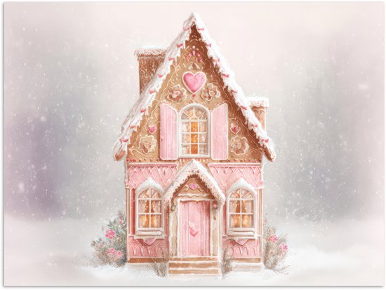 Poster 80x60 cm - Huisje - Suiker - Pastel - Posters - Kamer decoratie - Wanddecoratie woonkamer - Muurdecoratie slaapkamer - Kerstversiering - Kerstdecoratie voor binnen - Kerstmis