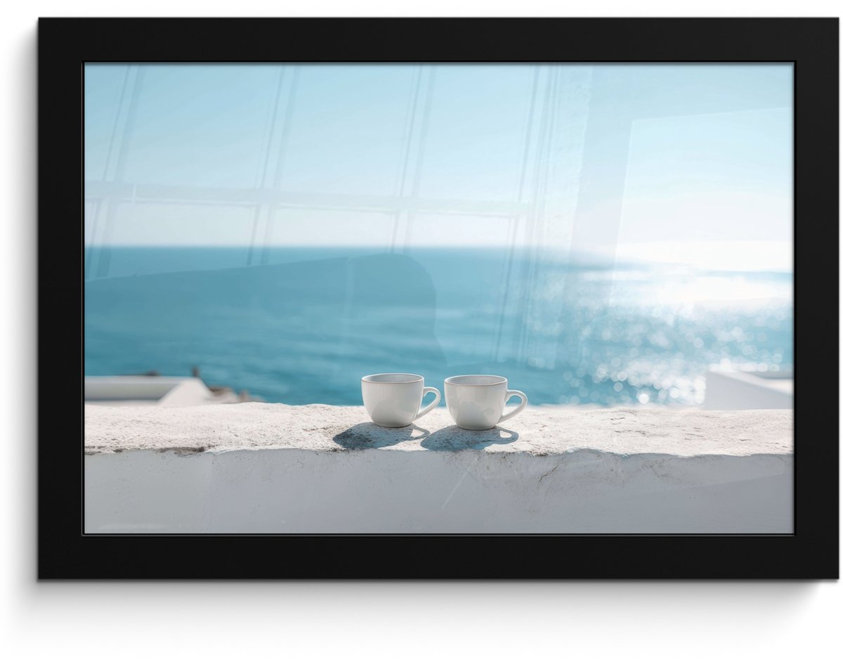FrameYourWall Poster in lijst - Fotolijst 30x20 cm - Posters - Zee - Koffiekopjes - Zomers - Posterlijst zwart - Decoratie - Wanddecoratie woonkamer - Muurdecoratie slaapkamer