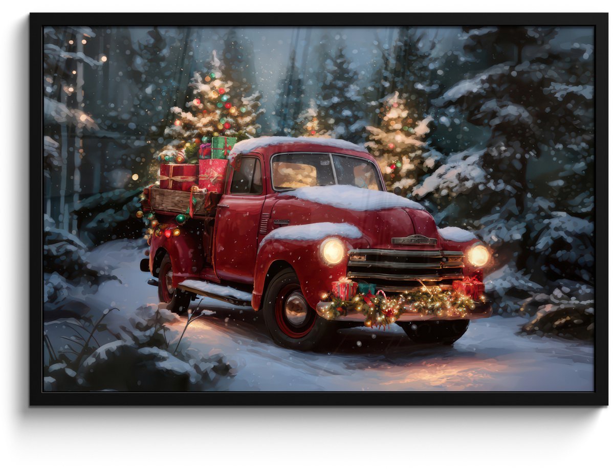 FrameYourWall Poster in lijst - Fotolijst 90x60 cm - Posters - Kersttruck - Sneeuwbos - Rood - Posterlijst zwart - Decoratie - Wanddecoratie woonkamer - Muurdecoratie slaapkamer - Kerstversiering - Kerstdecoratie voor binnen - Kerstmis