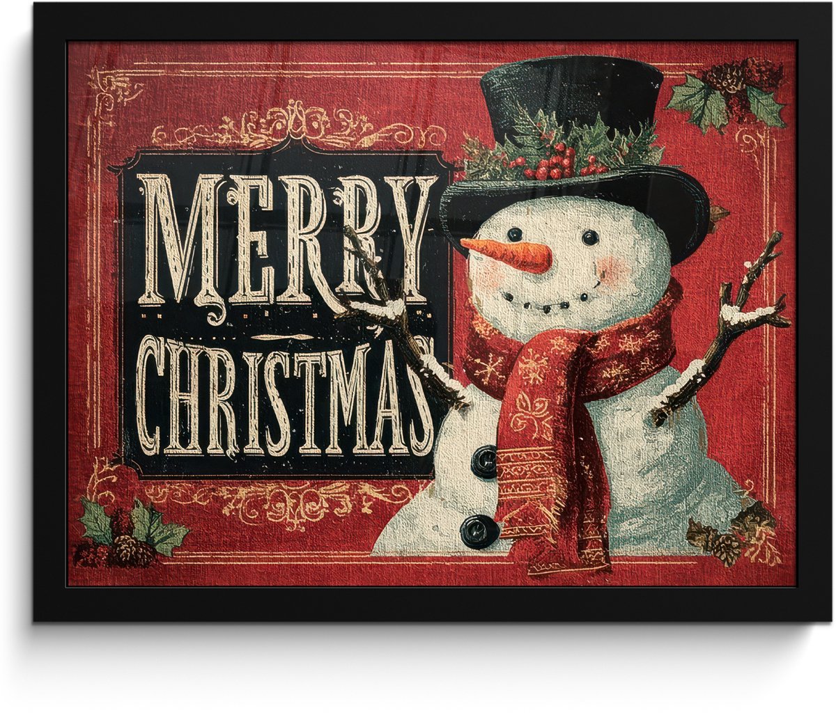 FrameYourWall Poster in lijst - Fotolijst 40x30 cm - Posters - Klassiek - Kerstgroet - Sneeuwpop - Rood - Posterlijst zwart - Decoratie - Wanddecoratie woonkamer - Muurdecoratie slaapkamer - Kerstversiering - Kerstdecoratie voor binnen - Kerstmis