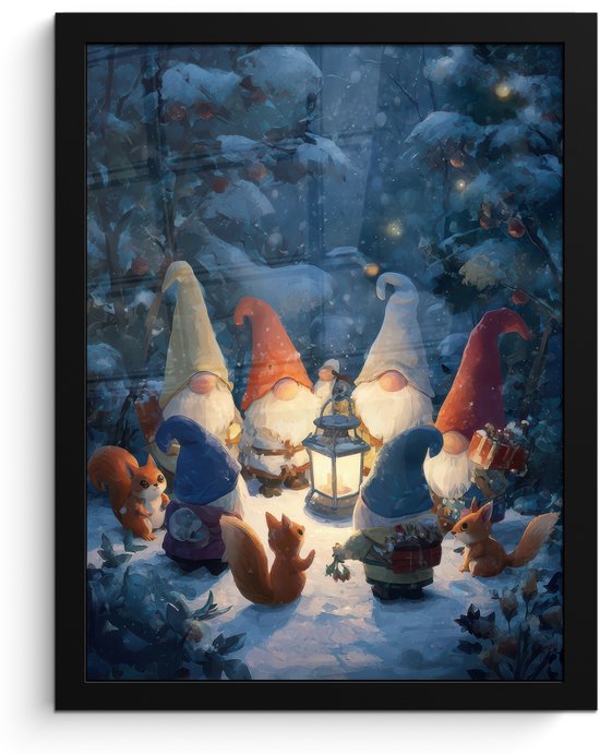 Poster in lijst - Fotolijst 30x40 cm - Posters - Winter - Gnooms - Eekhoorns - Meerkleurig - Posterlijst zwart - Decoratie - Wanddecoratie woonkamer - Muurdecoratie slaapkamer - Kerstversiering - Kerstdecoratie voor binnen - Kerstmis