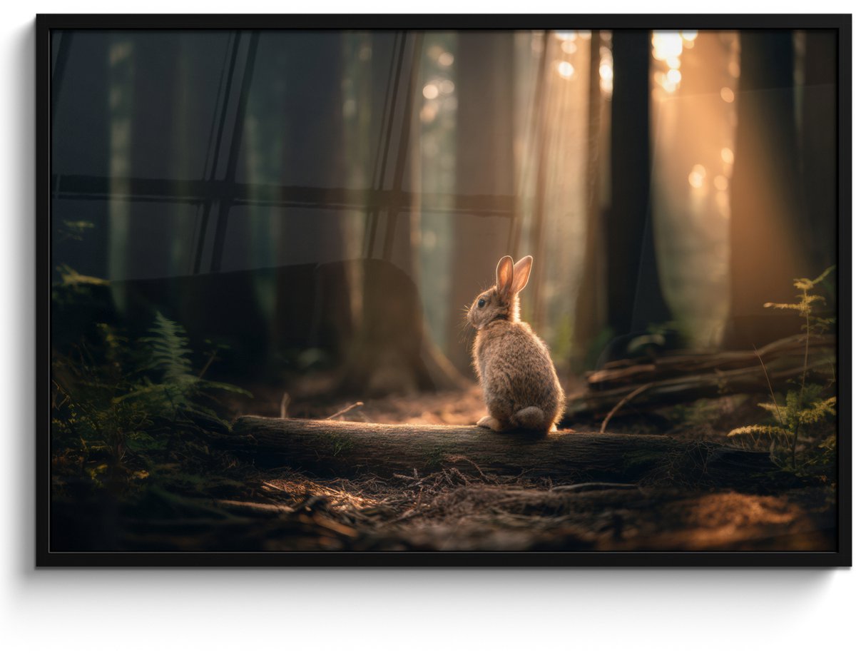 FrameYourWall Poster in lijst - Fotolijst 120x80 cm - Posters - Konijn - Bos - Zonnestralen - Posterlijst zwart - Decoratie - Wanddecoratie woonkamer - Muurdecoratie slaapkamer