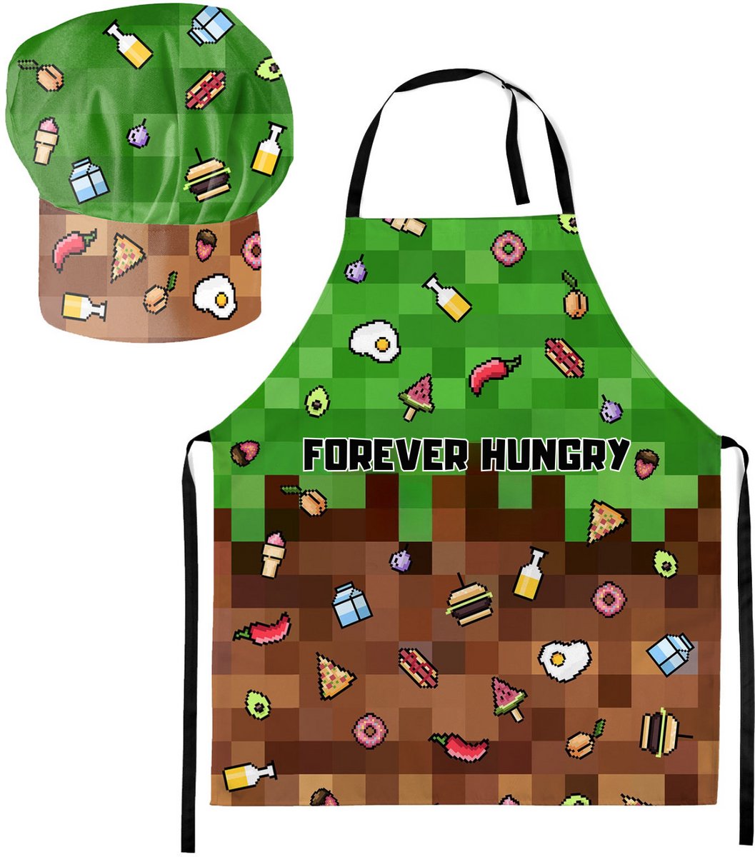 FEROCITY - Kinderkeukenset: Koksmuts + Kinderschort 2-delige Set - met klittenband - Unisex - Klettsluiting Pixel