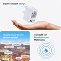 Witte compacte reisstekker met 3 USB-poorten, gehouden in een hand.