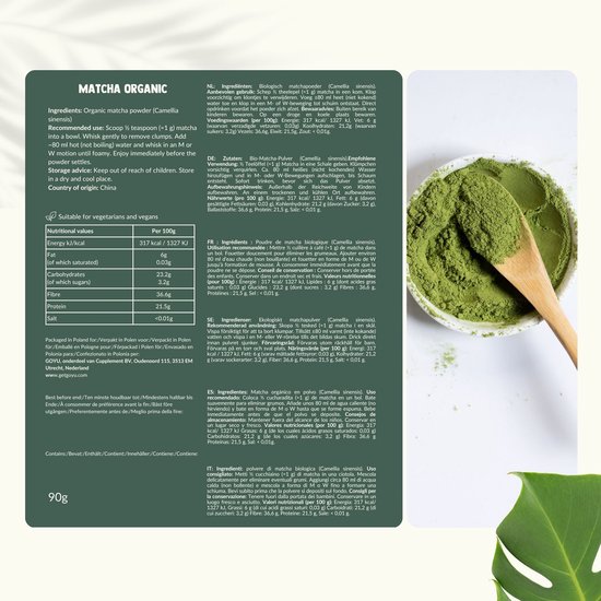 Cupplement Matcha Poeder Biologisch 90 gram - Thee – Detox thee - Energie - Matcha Poeder - Matcha whisk matcha set - 90 dagen voorraad per zakje