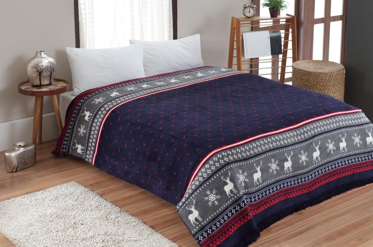 Mila Home Double Cotton Blanket 200x220 Christmas Model Red Navy Blue - Mila Home Tweepersoons Katoenen Deken 200x220 Kerstmodel Rood Marineblauw