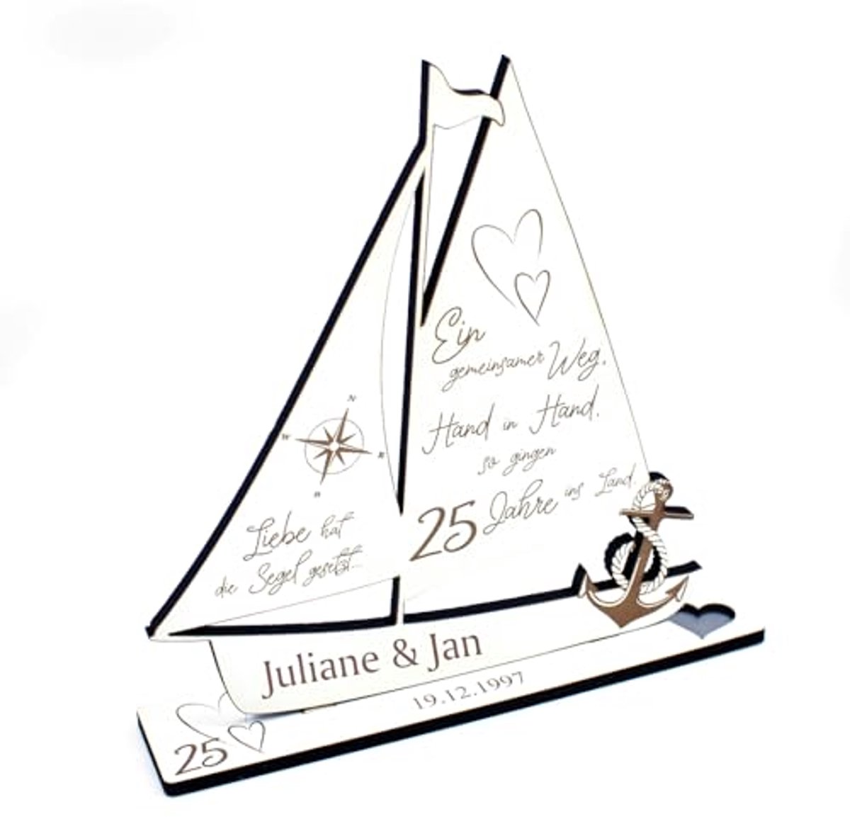 Zilveren Bruiloft Decoratie met Persoonlijke Gravure voor 25-jarig Jubileum - Houten Schip en Standaard