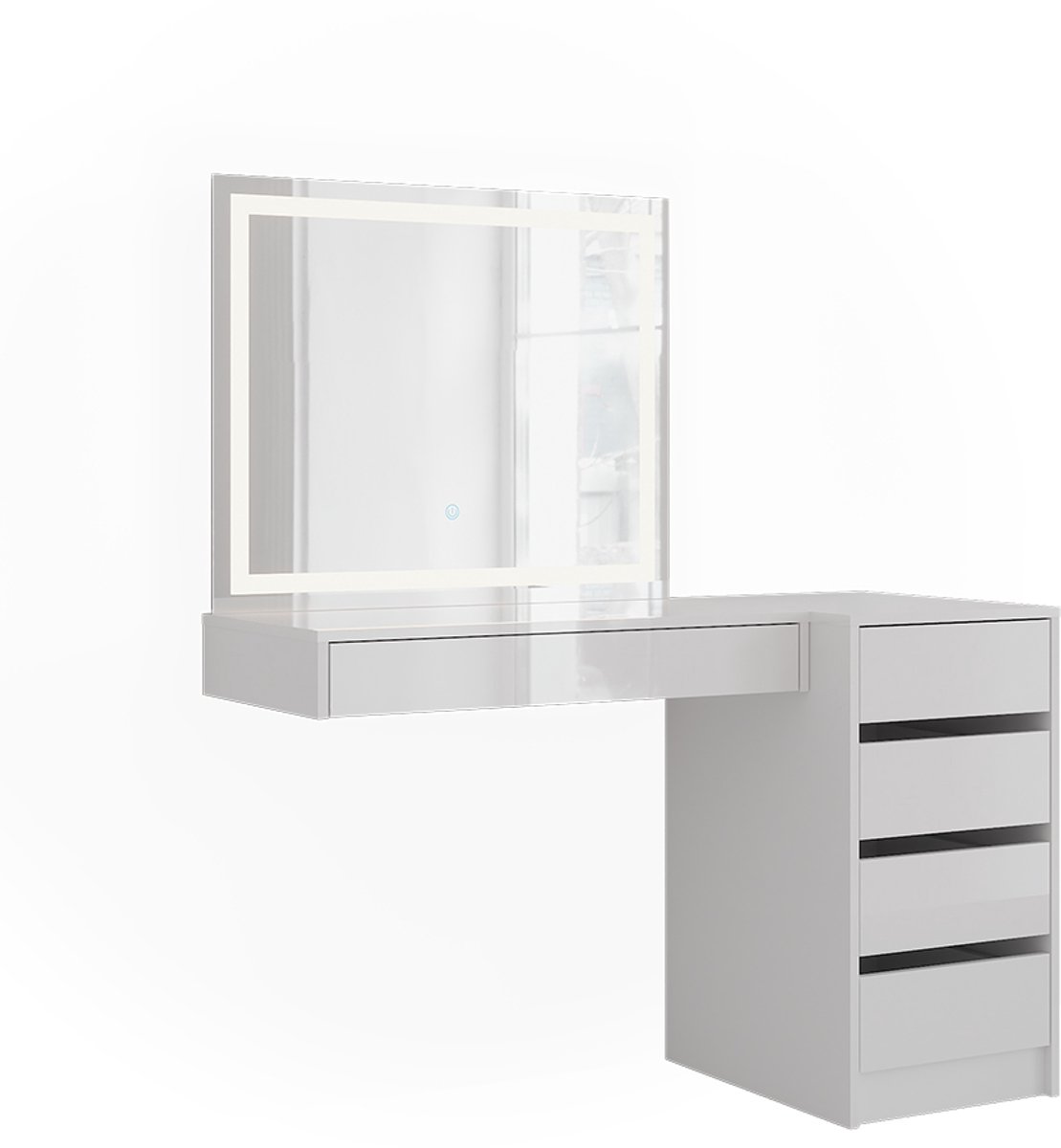 Vicco Kaptafel met licht Sherry, Wit/Wit Hoogglans, 120.2 cm met LED-spiegel en ladekast
