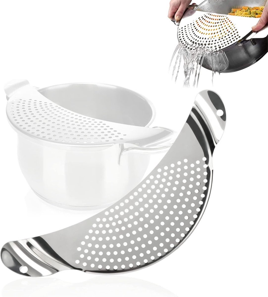 Rvs Afgiethulp - Afgietdeksel Met Handvaten - Afgieter - 33.5 Cm - Bpa-Vrij - Solide Compacte Keuken Afgietdeksel - Vergiet - Keuken Zeef - Vaatwasmachinebestendig - Makkelijk Afgieten - Haak Opslag - Voor Alle Maten Pannen