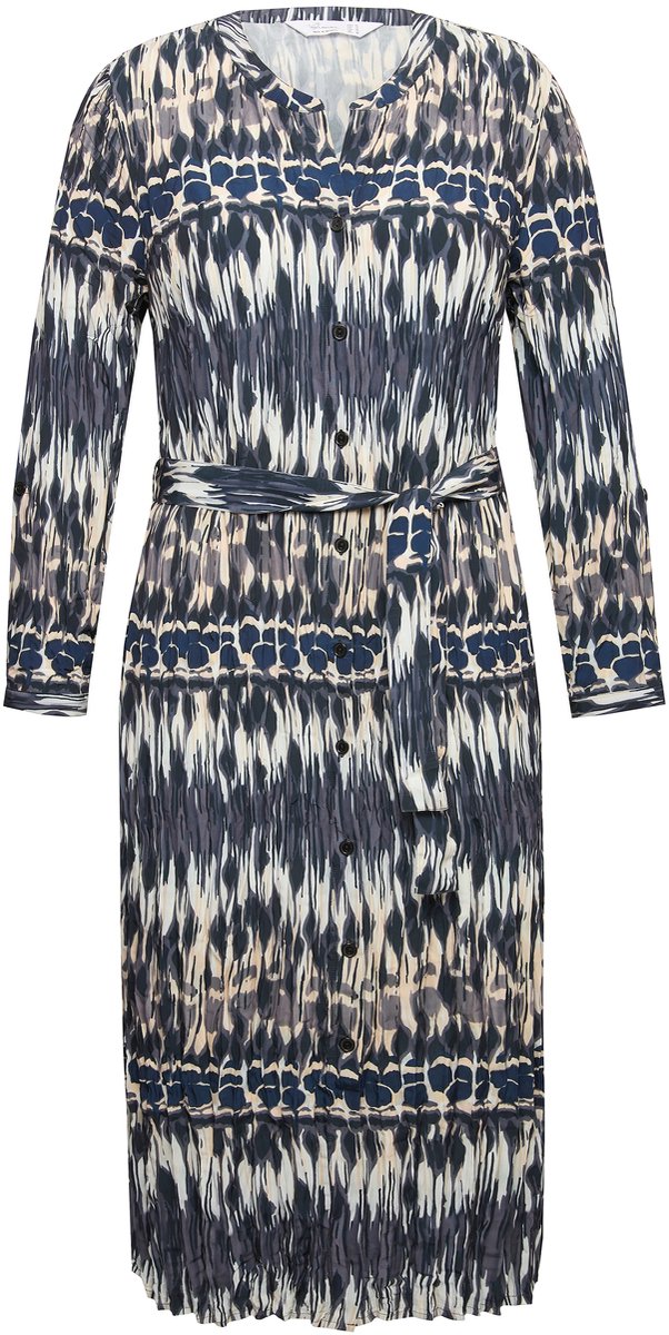 MIAMODA - Dames - Midi-jurk comfortabele snit crash allover print. Ronde hals - Zwart - Maat 48