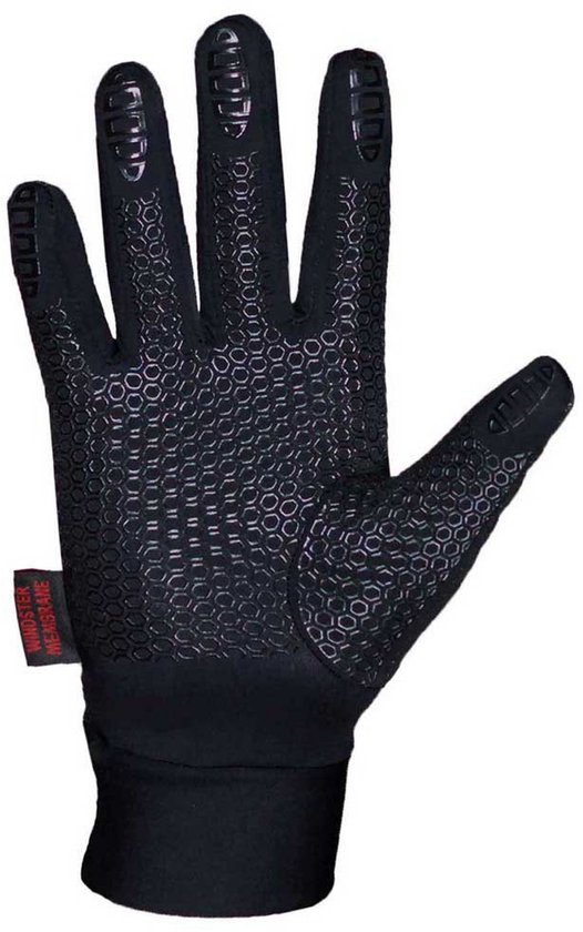 Zwarte handschoen met honingraatprofiel op de handpalm en vingers voor grip.