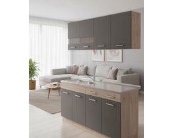 Industrial Home Luxe Keukenblok 160 cm – Complete Keuken met Onder- & Bovenkasten – Sonoma Eiken & Grijs – Compacte Kitchenette zonder Apparaten – Moderne Inbouwkeuken met Werkblad & Opbergruimte – 2355
