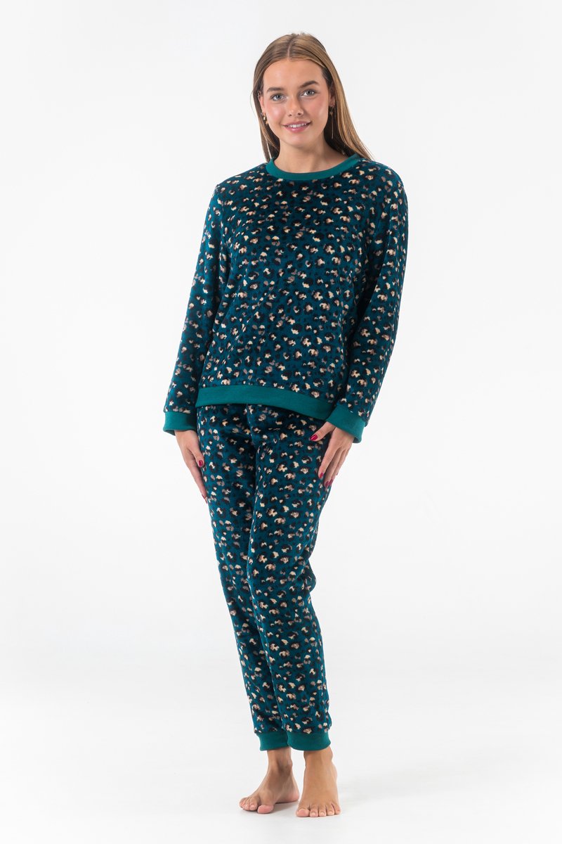 Dames Fleece Huispak en Pyjama - Ronde Hals - Panterprint - Superzacht Fleece - Teal Green - 2503 - Maat L