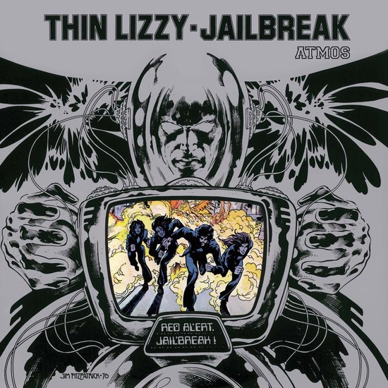 Thin Lizzy - Jailbreak albumhoes met gedetailleerde illustratie van een helm, een tv met bandleden en de tekst "RED ALERT. JAILBREAK!"