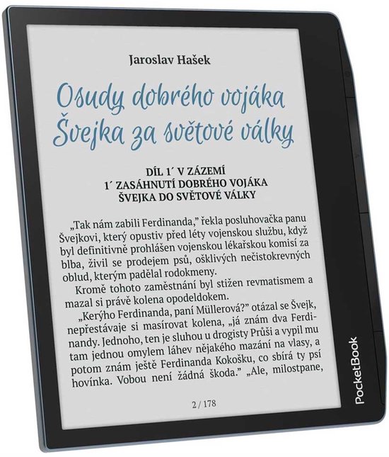 PocketBook Era Color e-reader met het boek 'Osudy dobrého vojáka Švejka za světové války'.