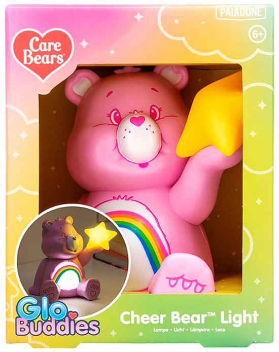 Veilleuse Cheer Bear rose en boîte, avec un arc-en-ciel et une étoile jaune.