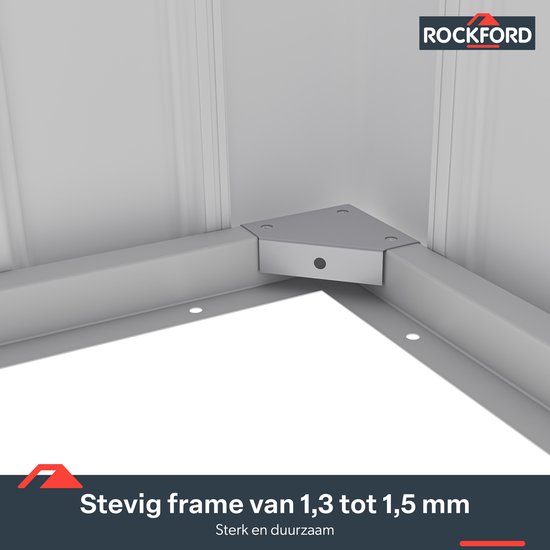 Rockford Porto 200 metalen tuinhuis met lessenaarsdak - Tuinschuur met centraal slot, polycarbonaat ramen en regenpijpen - 232 x 254 cm - Lichtgrijs