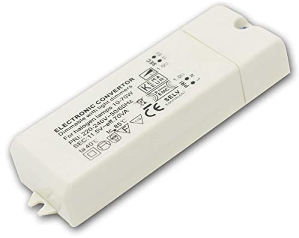 Halogeen transformator 230V naar 12V met overbelastingsbeveiliging en temperatuurbeveiliging