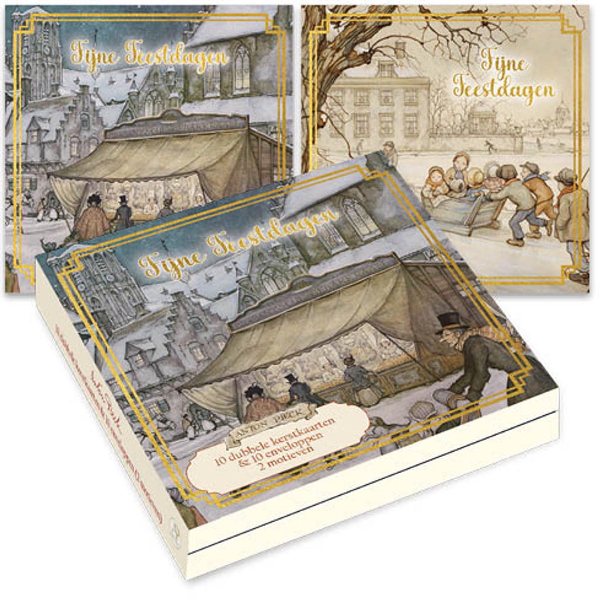 Anton Pieck kerstkaartenmapje - Gebakskraam - Kinderen in slee