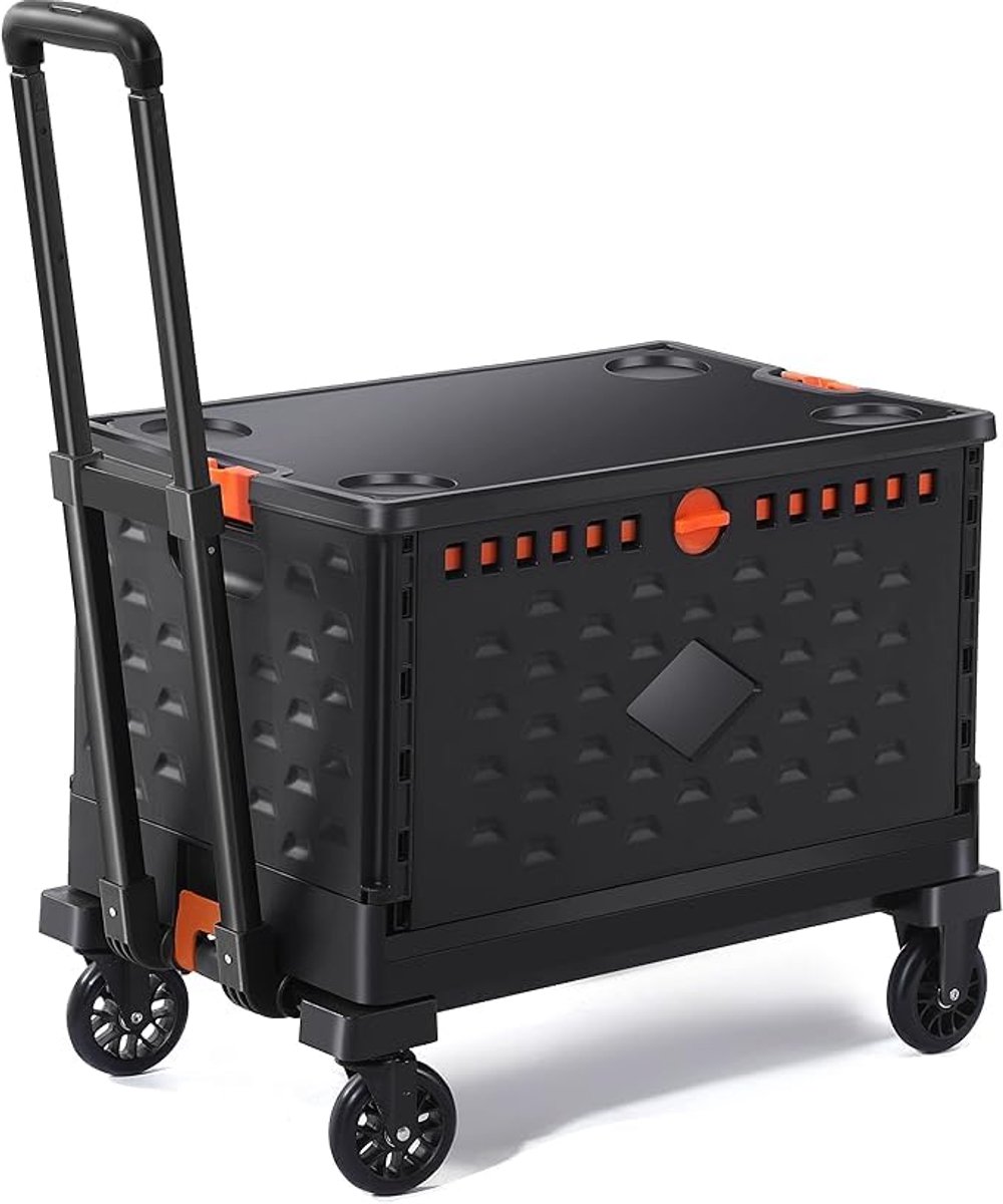 Opvouwbare handwagen 2-in-1 met 60 liter vouwbox en deksel | Transportkist met wielen en rem | Boodschappentrolley