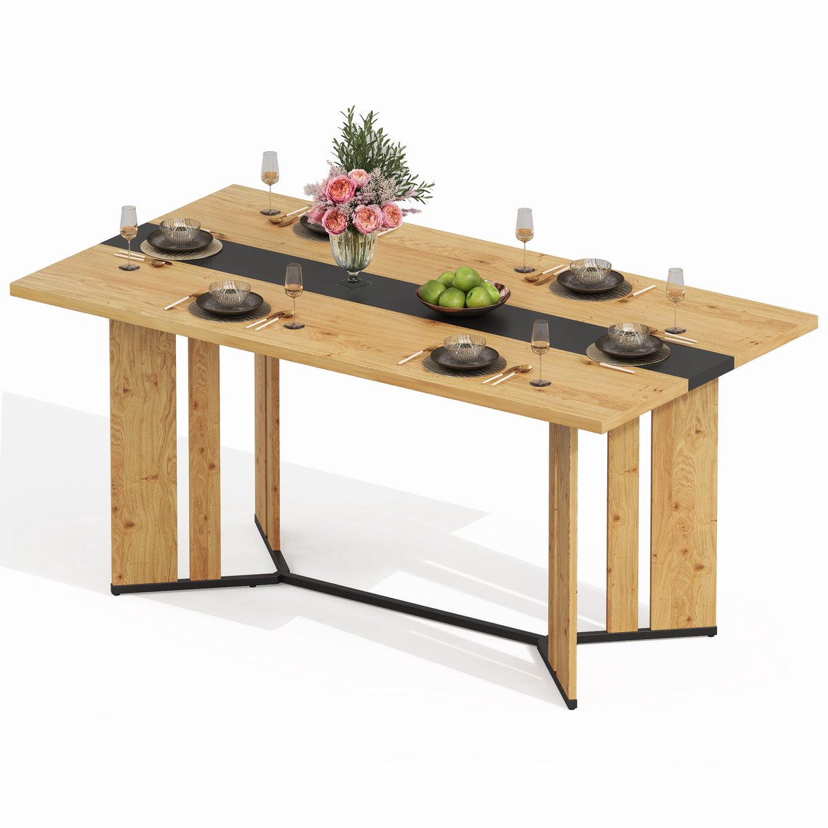 Merax Eettafel Scandinavisch Design - Houten Eettafel 150×80×76 cm - Eikenlook met Zwarte Accenten - Waterbestendig en Krasvast - 4 tot 6 Personen