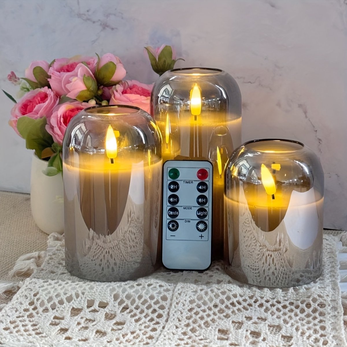 Dutchers® Luxe 3-delige Grijze Vlamloze Kaarsen Set | Batterij-LED Pilaar­kaarsen Onbreekbaar Acryl | Romantische Sfeer & Kerstversiering