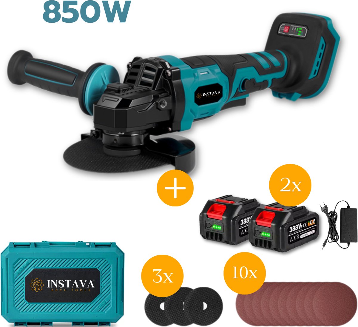 Instava Accu Haakse Slijper 125mm – 850W – 2x 4.0Ah Accu & Lader – Makita LXT 18V Compatibel – Koffer & Slijpschijven