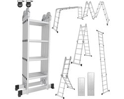 Multifunctionele vouwladder 6 in 1 - 4.7M Vouwladder 4 x 4 treden met platform - Draagvermogen tot 150 kg, Aluminium Ladder, Mobiele Multifunctionele Ladder met Werkplatform, Stelling, Aluminium Rolsteiger, Huishoudladder - Zilver