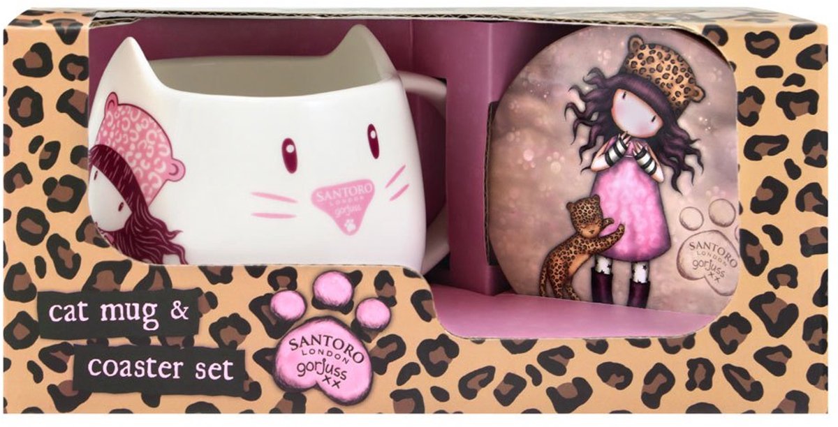 Set Gorjuss Purrrrrfect love Kopp Onderzetters 2 Onderdelen Keramisch Luipaard