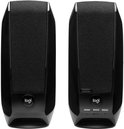 Paar zwarte Logitech speakers met stoffen voorkant.