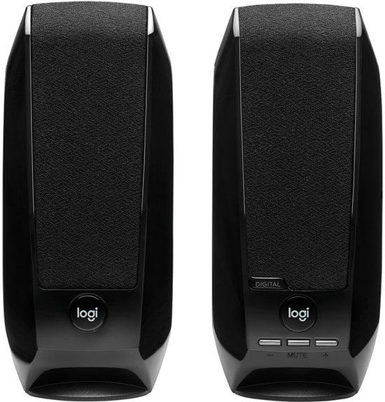 Paar zwarte Logitech speakers met stoffen voorkant.