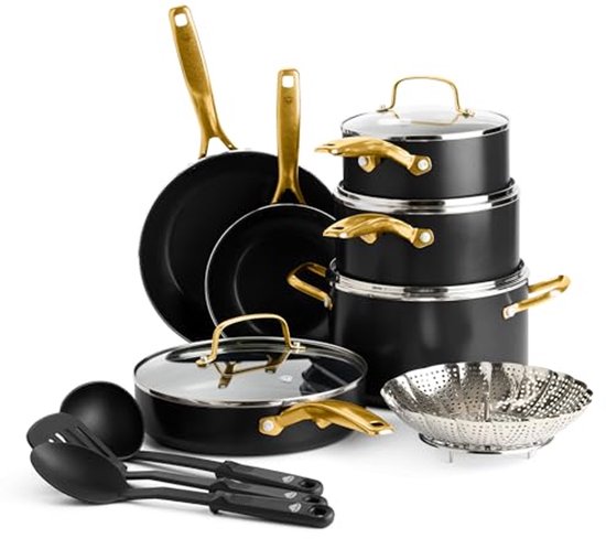 Set de Batterie de cuisine dorée 14 pièces - Compatible induction, durable et sans PFOA ni PFAS