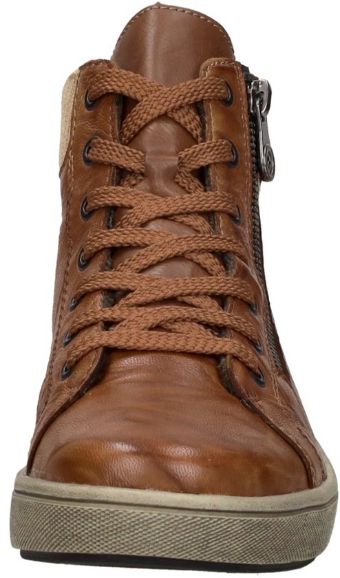 Cognac leren hoge veterschoen met ritssluiting en beige gebreide voering.