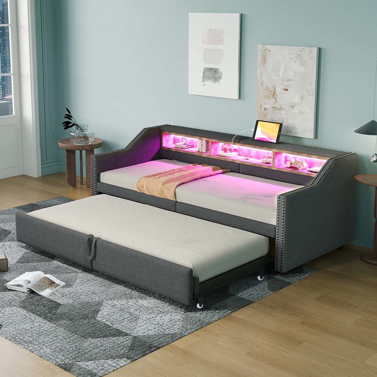 Komhtom Gestoffeerde slaapbank Slaapbank 90/180 x 200 cm, multifunctioneel opbergvak, led-verlichting en USB-aansluiting, met lattenbodem, donkergrijs