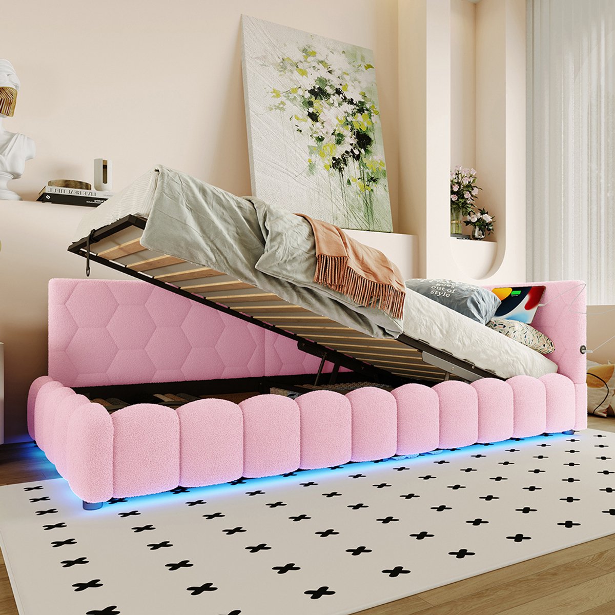 Komhtom Rustbed, 90*200 cm Rustbed, slaapbank, bed met lattenbodem (zonder matras), met LED-lichtstrip, met hydraulisch hefmechanisme, USB-poort, type C, comfortabel materiaal, imitatiepool, roze
