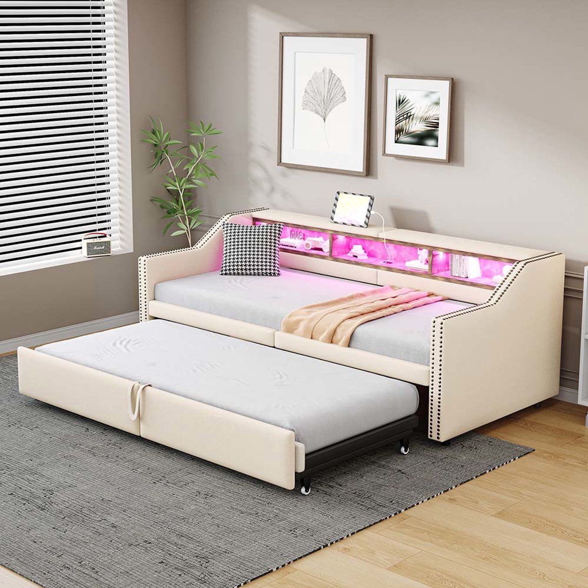 Komhtom Gestoffeerd bed Bekleide slaapbank 90/180 x 200 cm, multifunctioneel opbergvak, ledverlichting en USB-aansluiting, met lattenbodem, beige