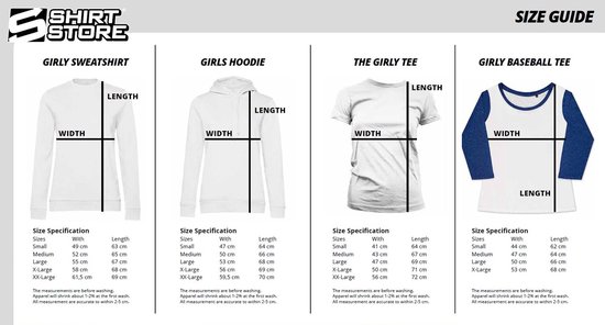 Maattabel voor meisjes sweatshirts, hoodies, t-shirts en baseball tees.
