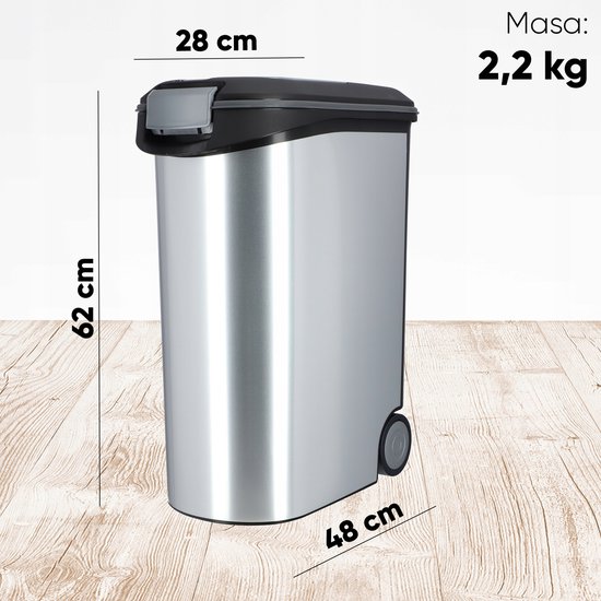 Zilverkleurige voedselcontainer van 62x48x28 cm met een zwart deksel en wieltjes.