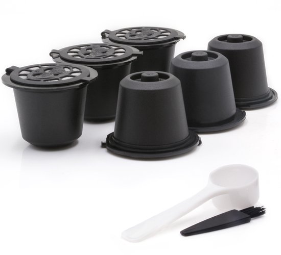 Tasse à Café réutilisable compatible Nespresso - Capsules de café rechargeables - Tasses à café rechargeables - avec brosse - 6 pièces - Zwart