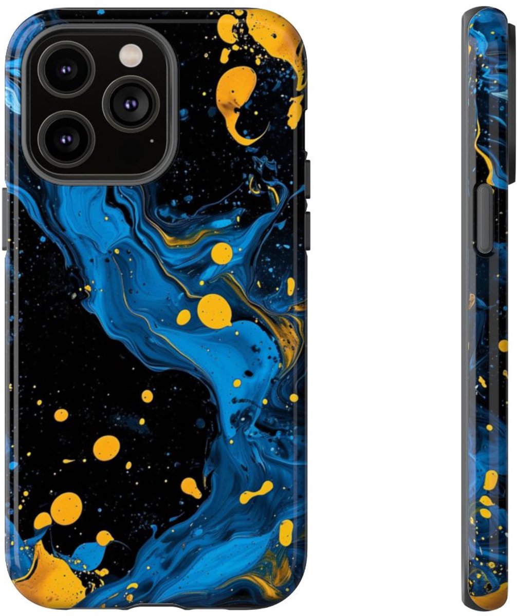 Blauwe en Gele Verfspatten Abstract – Telefoonhoesje Geschikt voor iPhone 14 Pro Max