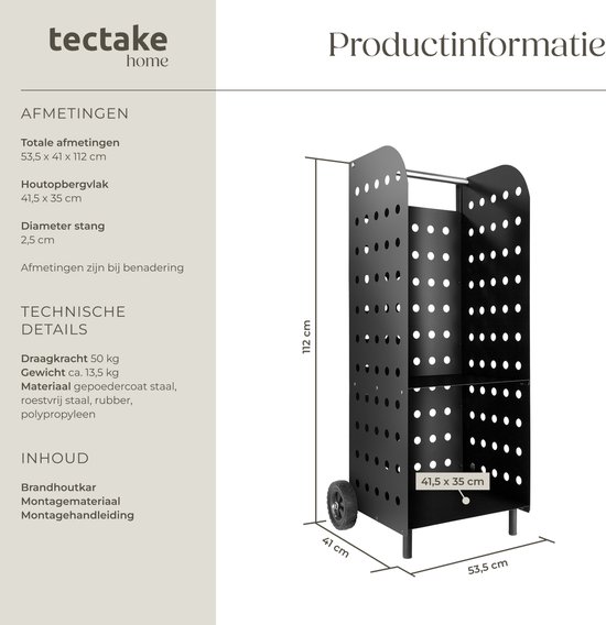 tectake® Houtwagen - Robuuste kunststof wielen en stabiele plaatstalen constructie - Voor het transport van hout - 180 kg belastbaarheid - 55 x 45 x 104 cm van Merkloos	 — afbeelding 5