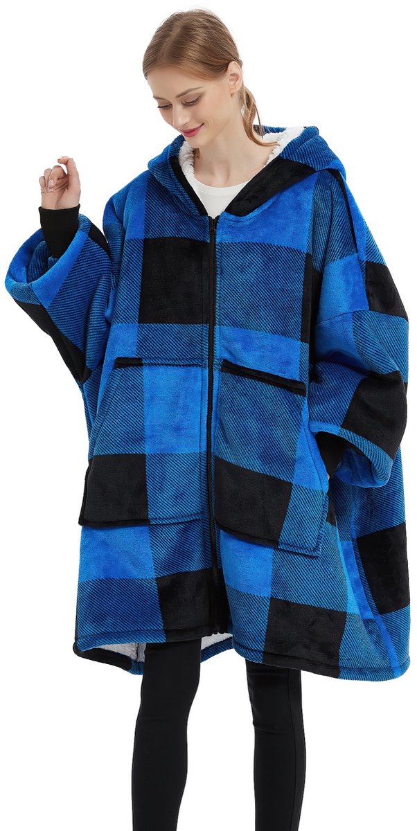 Hoodie Deken met Rits – Fleece Deken met Mouwen – Oversized Hoodie – Deken Trui – Patroon Blauw