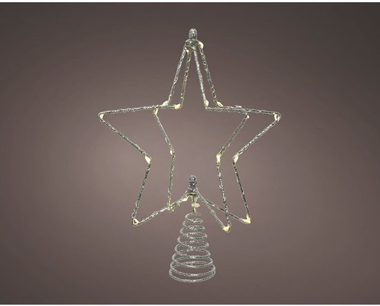 Zilverkleurige kerstboom piek met ster design en 20 LED lampjes, op een spiraalstandaard.