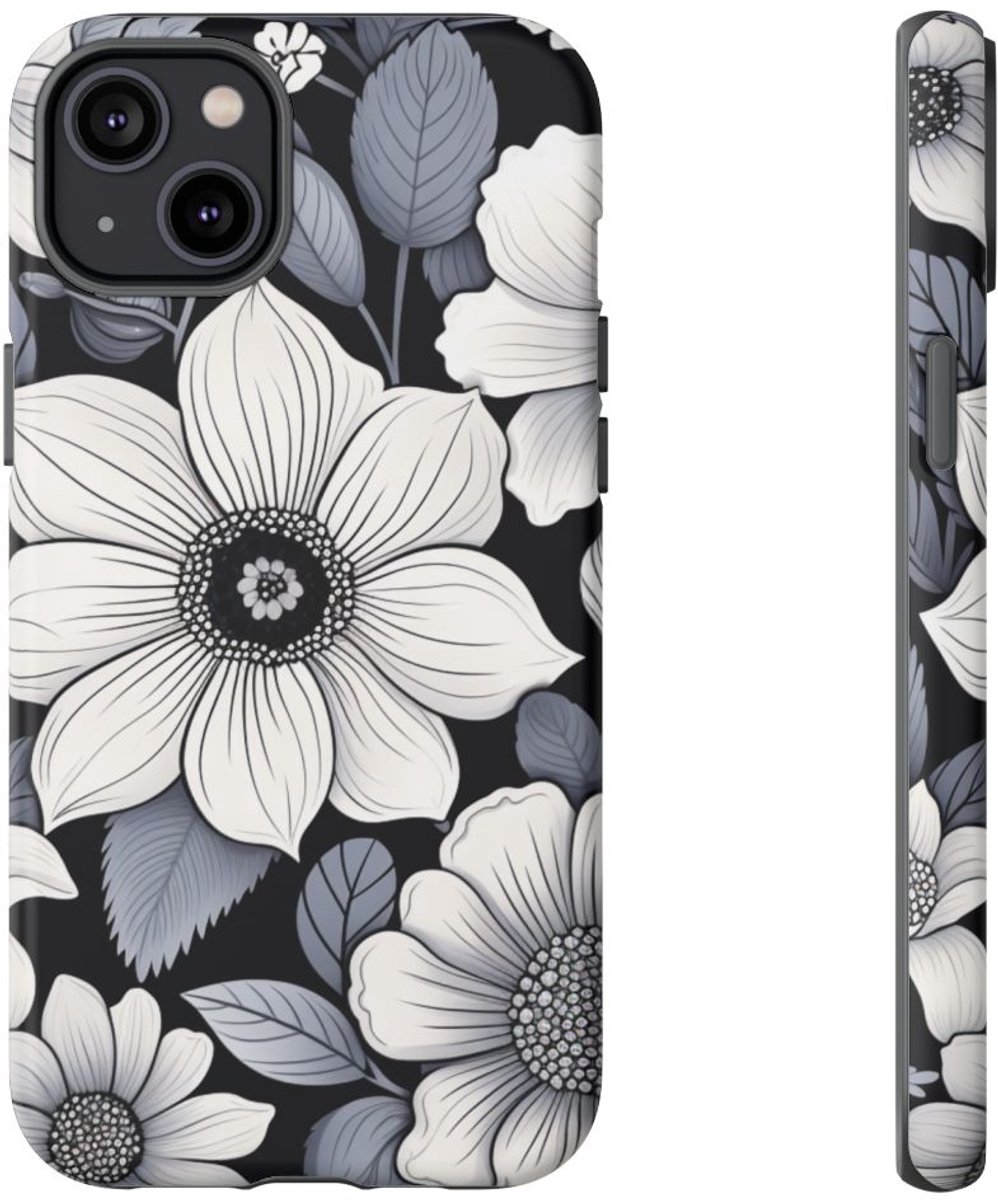 Zwart-Wit Bloemenpatroon – Telefoonhoesje Geschikt voor iPhone 14 Plus