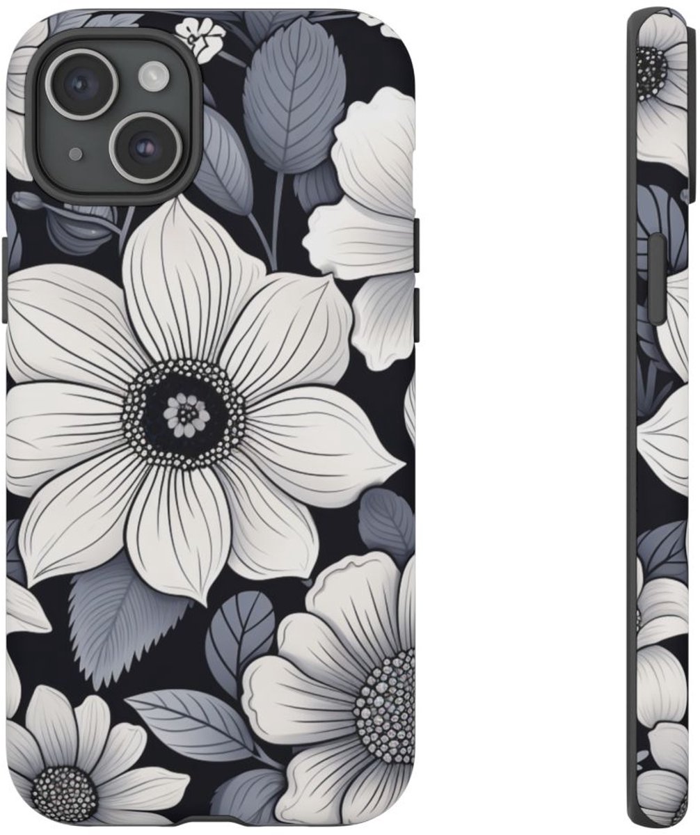 Zwart-Wit Bloemenpatroon – Telefoonhoesje Geschikt voor iPhone 15 Plus