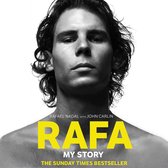 Boek "Rafa: My Story" met een zwart-witfoto van Rafael Nadal. De titel "Rafa" is in grote gele letters.