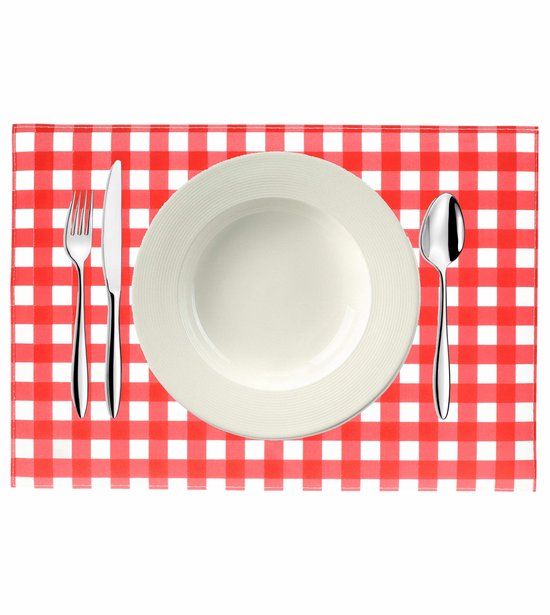 Bellatio design Placemats - 5 stuks - rood/wit geblokt - Oktoberfest - 43 x 28 cm - tafel onderleggers